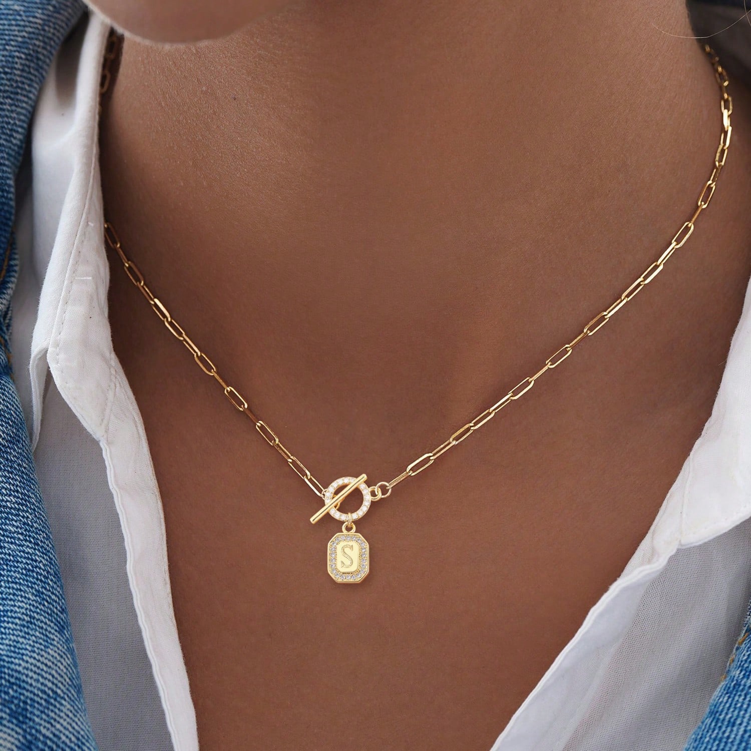 Birth Flower Necklace - Classic Block Initial Pendant Toggle Clasps
